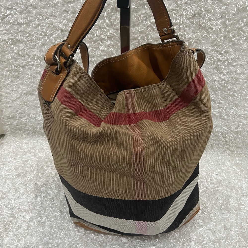Burberry Beige Canvas Stripe Bucket Tote with Red and Black Accents